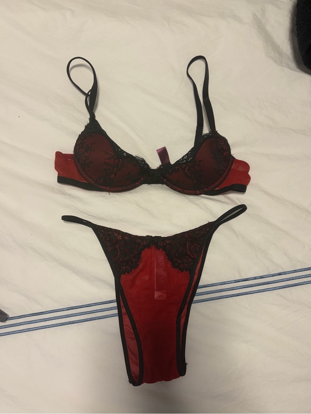 Adore Me Red and Black Lace Push-Up Bra & Thong Set